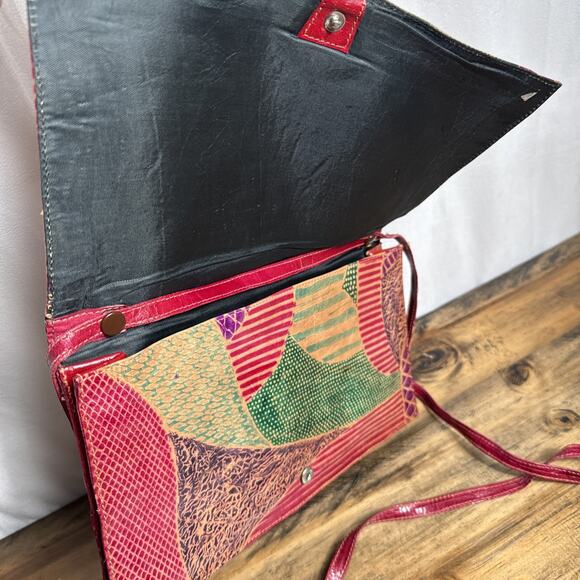 Vintage Leather Patchwork Clutch Envelope Purse Made In India 1980s 1970s Boho - Picture 4 of 9
